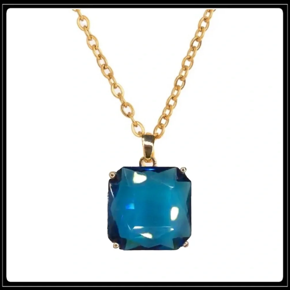 NEW 14K GOLD BLUE SAPPHIRE SQUARE CHUNKY STATEMENT NECKLACE - Picture 5 of 6
